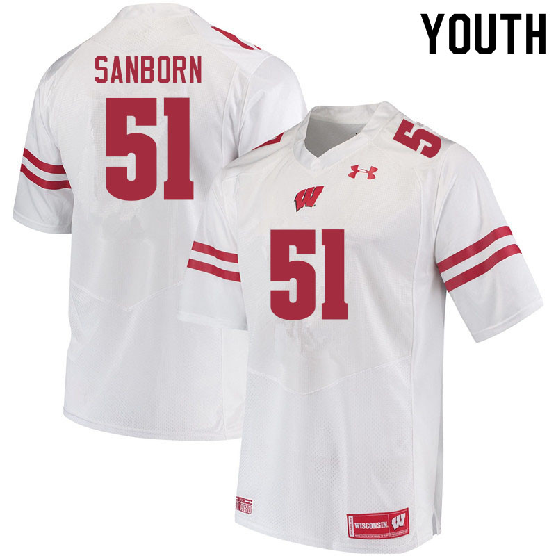 Youth #51 Bryan Sanborn Wisconsin Badgers College Football Jerseys Sale-White - Click Image to Close